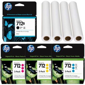 HP 712 Ink Cartridge Set - 80ml Black - 87ml Each Colour + 200 Meters A1 Paper