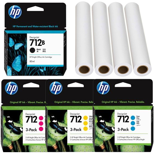 HP 712 Ink Cartridge Set - 80ml Black - 87ml Each Colour + 200 Meters A0 Paper